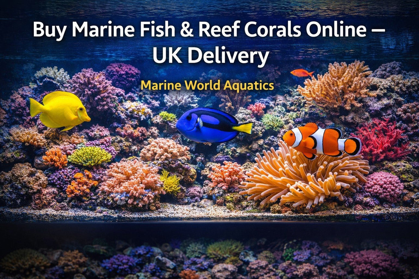 A vibrant marine aquarium scene featuring colorful marine fish and various species of reef corals, illustrating the theme 'Buy Marine Fish & Reef Corals Online – UK Delivery' from Marine World Aquatics.